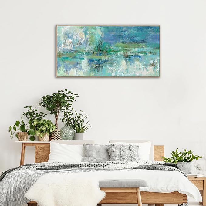VEAEE Teal Framed Abstract Wall Art - Turquoise Green Colorful Modern Canvas Pictures, Living Room Wall Decor, Contemporary Landscape Painting Prints for Bedroom Bathroom Office Decor 20" x 40"