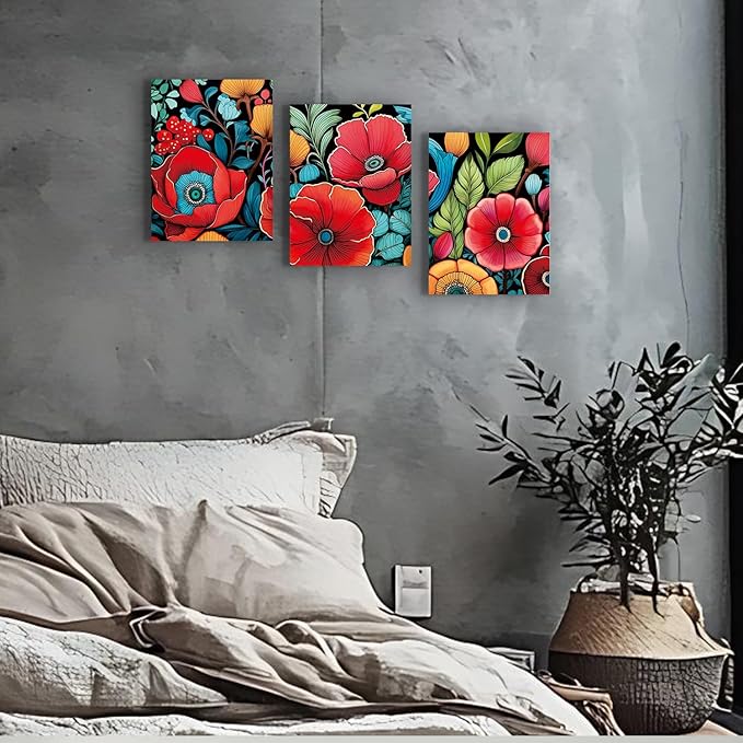 Abstract Colorful Floral Canvas Pictures Boho Wall Art Watercolor Flower Palnt Posters Bathroom Wall Decor Plant Flowers Paintings Framed rtwork for Bedroom Living Room Home Decoration 12x16 3 pcs