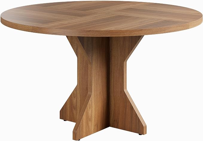 Garvee Round Dining Table for 4-6 People - 47" Circle Kitchen Dinner Table with Sturdy Pedestal Base, Small Spaces Dinning Room Furniture for Living Room, Kitchen, Apartment, Brown