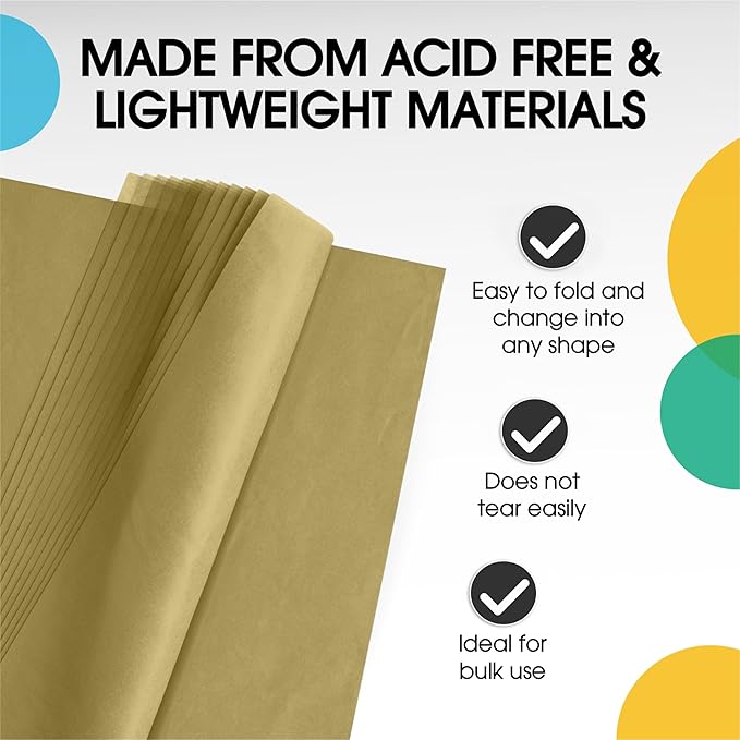 Party Solids Gold Tissue Paper for Gift Bags - 20" X 30" Bulk Tissue Paper Gold 480 Sheets - 10lb Newsprint for Packing, Birthday Gift Box Filler, Packing Supplies for Moving Supplies