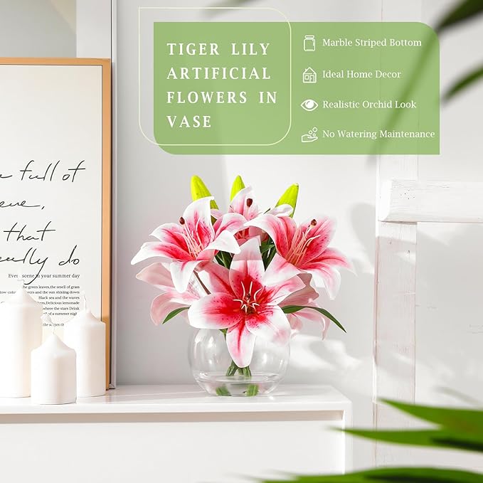 Artificial Tiger Lily Arrangement in Glass Vase, Real Touch Silk Flowers, FakeLilies with Faux Water