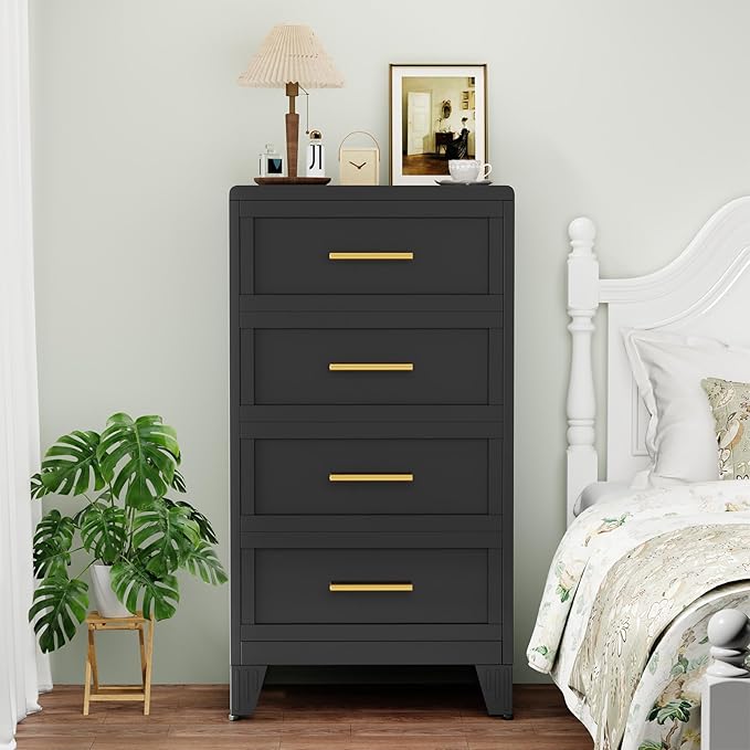 4 Drawers Tall Black Dresser for Bedroom, 44.45" Metal Dressers & Chests of Drawers Curved Corner Design, Storage Organizer Drawer Chest with Large Capacity for Living Room, Entryway, Hallway