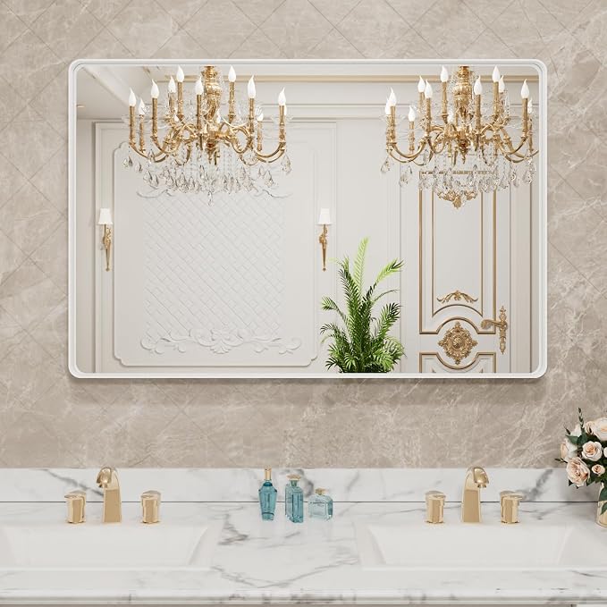 LOAAO 48x30 Inch White Metal Framed Bathroom Mirror for Wall, White Bathroom Vanity Mirror Farmhouse, Large Rounded Rectangle Mirror, Anti-Rust, Tempered Glass, Hangs Horizontally or Vertically