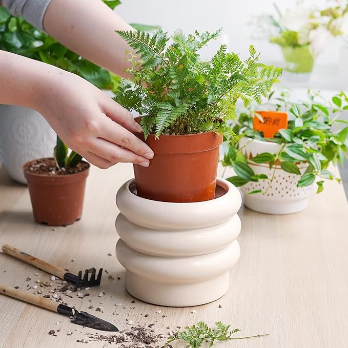 Tiered Bubble Ceramic Plant Pot, Creamy White 6 Inch Ceramic Planter with Drainage Holes, Flower Pot with Mesh Pad, Rubber Plugs, Plante Pots for Indoor Plants Outdoor, Modern Décor