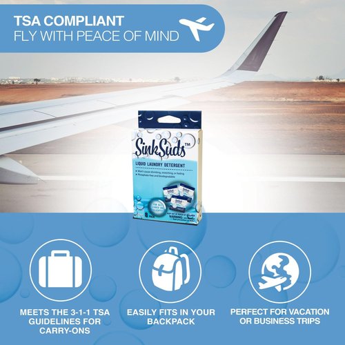 SinkSuds Laundry Detergent - Travel Size Liquid Soap | TSA Compliant, Safe for All Fabrics, 8 Packets
