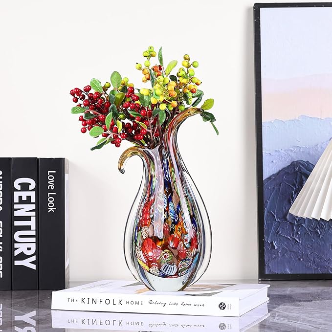 Hand Blown Glass Vase – Oval Decorative Art Glass for Centerpieces, Murano Inspired Decor for Dining Room, Entryway Table, or Shelf, Handmade Glass Vase for Home Display (Teal)