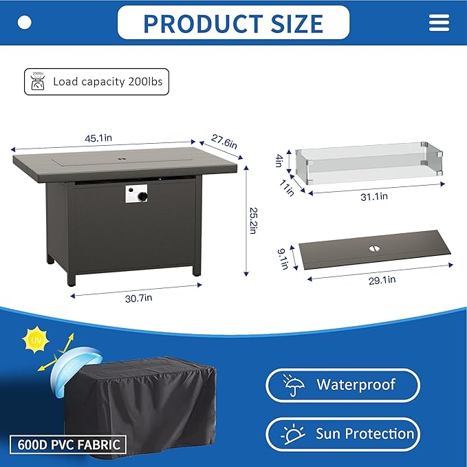 Kullavik 45" Propane Fire Pit Table,55000 BTU Auto-Ignitiongas Gas Fire Table with Fire Glass and Lid,Waterproof Cover and Blue Glass Stone for Patio,Balcony,Garden
