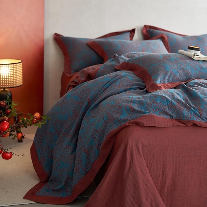 Blue Red Duvet Cover Full Forest Theme Retro Floral Duvet Cover Vintage Jacquard Bedding Set Premium Yarn-Dyed Cotton Linen Duvet Cover Botanical Tree Leaves Bedding Comforter Cover with Zipper Ties