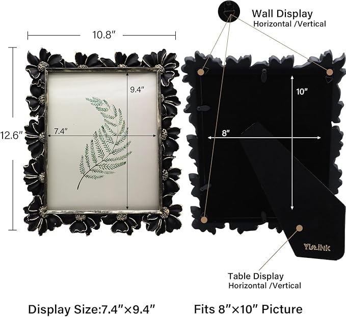 8x10 Vintage Picture Frame, Antique Black Ornate Photo Frame, for Tabletop and Wall Display, Decorative Floral Design Retro Home Decor, Old Fashioned Photo Gallery Art