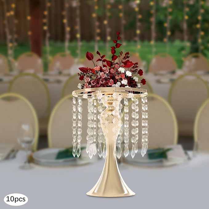 10 Pcs Glam Crystal Flower Stands, Wedding Reception Decorations with Sparkling Crystal Beads Table Center Display Flower Arrangement Flower Stand Metal Vase for Event Decor (Gold, Height:10.23in)