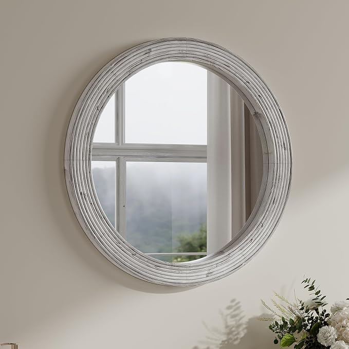ULIKE Round Mirror for Bathroom 24x 24 Inch, Farmhouse Rustic Wood Frame Wall Mirror, White Vanity Circle Mirror for Bedroom Living Room Entryway Decor
