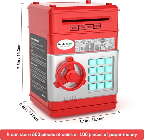 DoubleCare Electronic Piggy Bank - Cute Mini ATM with Password & Music | Red Cash Safe Box for Kids