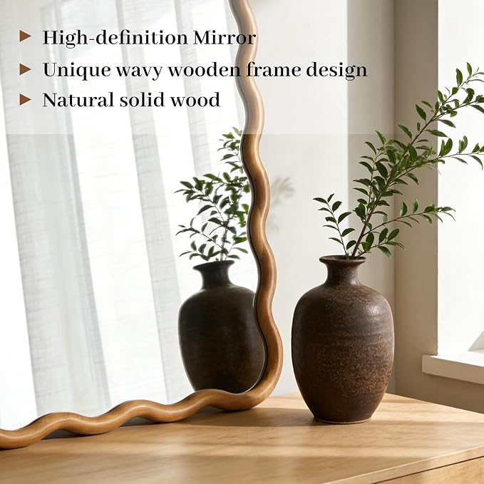 WallBeyond 28"x40" Large Wavy Wood Mirror, Natural Wood Boho Accent Wall Mirror with Solid Wooden Frame, Decorative Wall Mirror for Horizontal or Vertical Hanging in Bathroom or Living Space