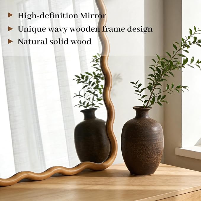 WallBeyond 24"x36" Wavy Wood Mirror, Natural Wood Boho Accent Wall Mirror with Wooden Frame, Decorative Wall Mounted Mirror for Horizontal or Vertical Hanging in Bathroom, Bedroom, Living Room