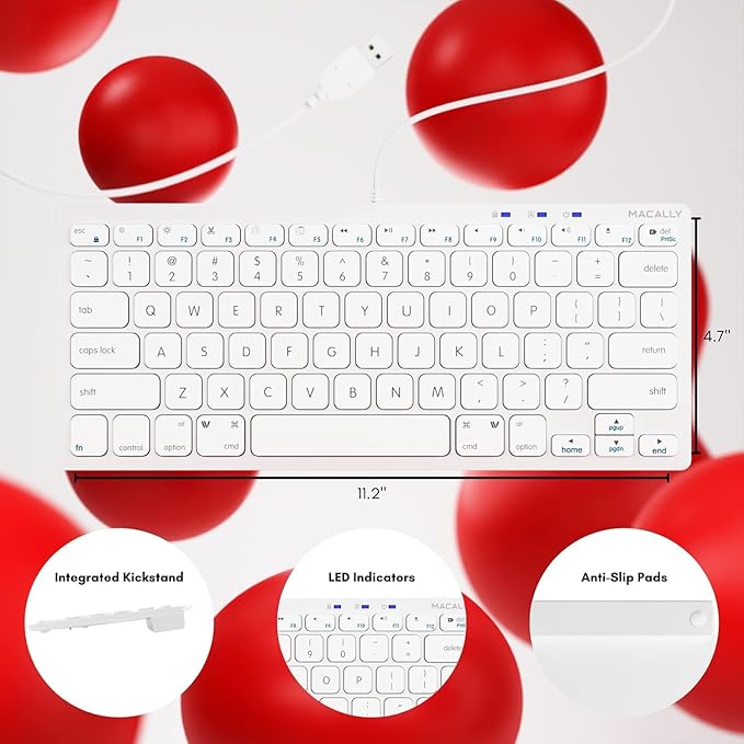Macally USB Wired Keyboard for Mac and Windows PC - Plug and Play Apple Keyboard with 78 Scissor Switch Keys and 13 Shortcut Keys - Compact & Small That Saves Spaces and Looks Great - White