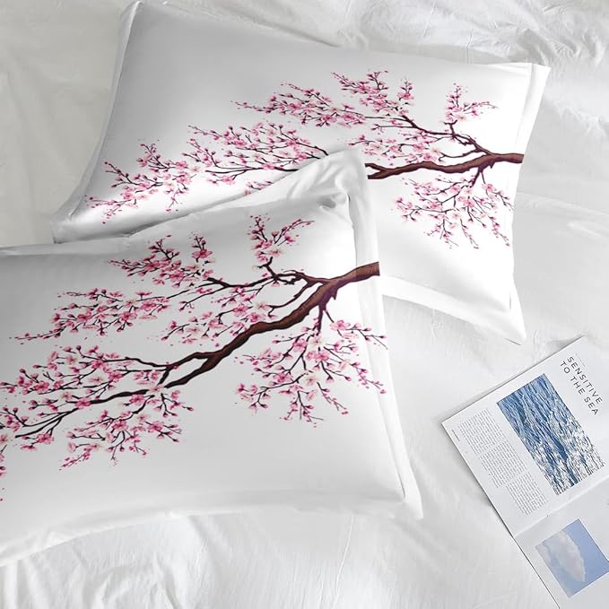 Comforter Set Twin Size, Japanese Cherry Blossom 5 Pcs Bedding for Kids and Adults, Flower Painting Pink Bed Sheet Sets with Fitted Sheet Pillowcase & Sham for Bedroom Bed Decor