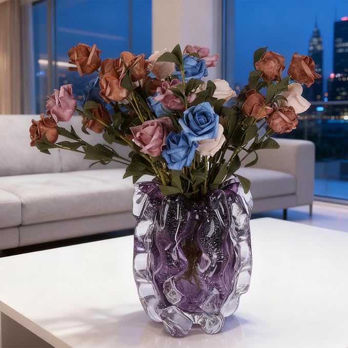 Blown Glass Bubble with Ruffled Edge Vase, Art Glass for Home Decor, Tall Vases for Centerpieces & Flowers, Crystal-Like for Bouquets & Pampas Grass, Vases Amber, Flower Bouquet Display (Purple, S)
