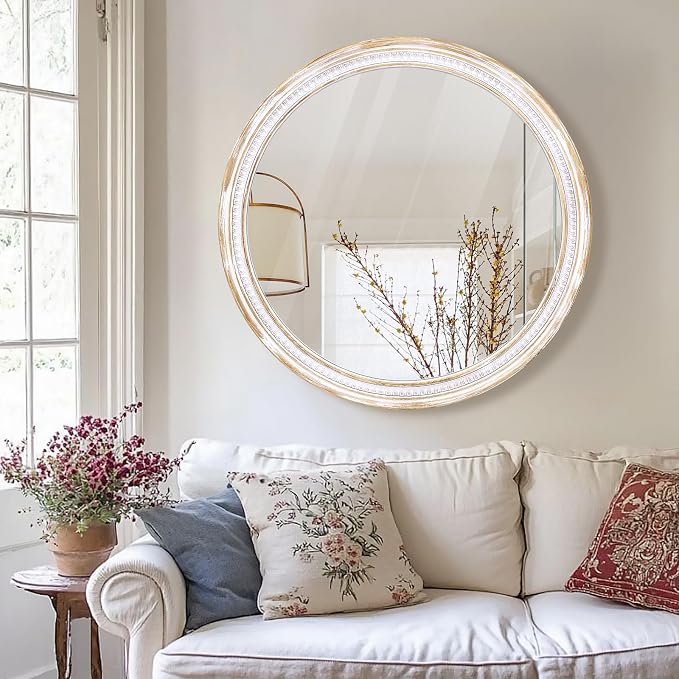 HOITUZYUS 30 Inch Rustic Farmhouse Round Wall Mirror, Boho Wooden Decorative Circle Mirror for Bathroom Vanity, Living Room, Entryway, Bedroom, Hallway