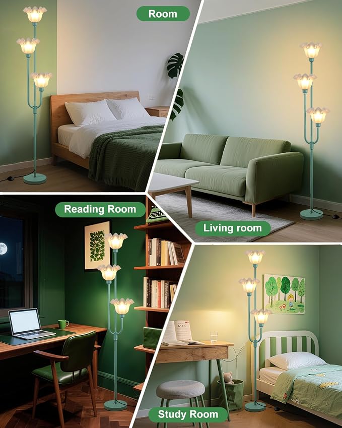 66 Inch Flower Green Floor Lamp for Living Room Bedroom Office, 3-Light Mid Century Standing Lamp with 3000K Warm White LED Bulbs, Vintage Floral Lamp with Heavy Stable Base & Foot Switch