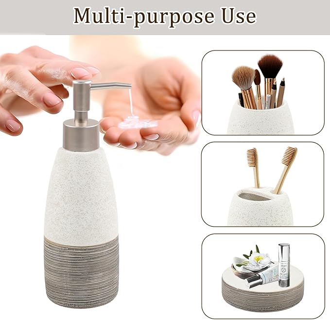 CERBIOR Bathroom Accessories Set,4 Pcs Ceramic Bathroom Decor Accessory,Includes Toothbrush Holder, Toothbrush Cup, Soap Dish for Decorative Countertop and Housewarming Gift, (Grey White)