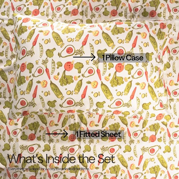 Salt Earth 100% Cotton 210TC Kids Bedsheet, Twin Fitted Sheet, Toddler Bed, 2 Piece Bedding Set- 1 Fitted Sheet and 1 Pillowcase, Themed Toddler Bed Sheets, Cute Sheets for Kids Bed (Veggie)