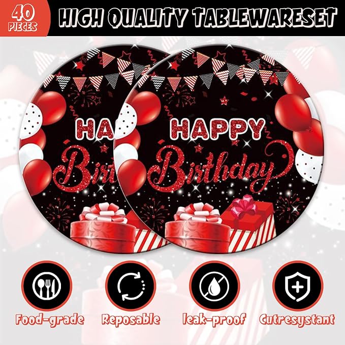48Pcs Black and Red Happy Birthday Decorations Tableware Inculde Plates Napkins Forks Red and Black Birthday Party Supplise Serve 16 Guests