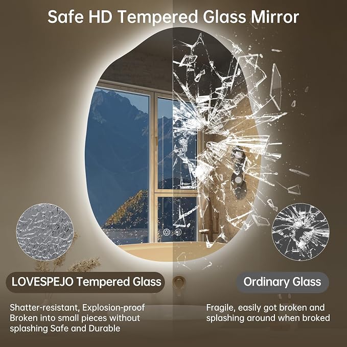LOVESPEJO Irregular Backlit Mirror Bathroom 24x32 Inch, Asymmetrical LED Bathroom Mirror with Lights, Fogless, Dimmable, 3 Colors, Horizontal/Vertical