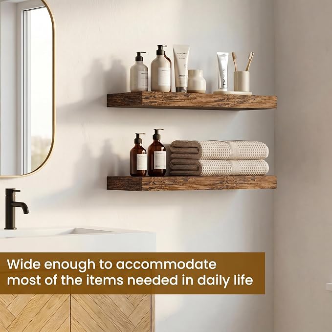 Dreamland Floating Shelves, Wall Mounted Shelves for Storage and Home Decor, Rustic Wood Shelves for Bathroom, Living Room, Bedroom and Kitchen, 16" x 6.7" Set of 2