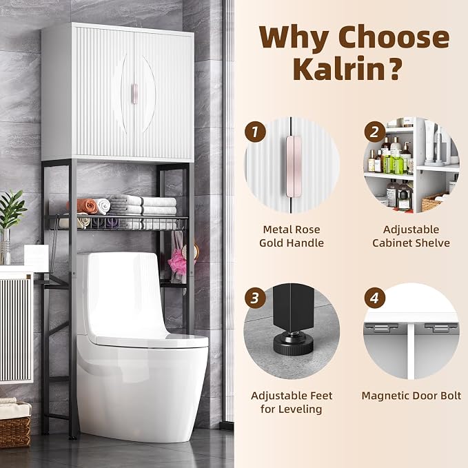 Kalrin Over The Toilet Storage Cabinet with Fluted Wave Doors and Adjustable Shelf, Wood Over Toilet Storage Rack with Drain Basket, Freestanding Bathroom Organizer for Balcony Laundry, White & Black