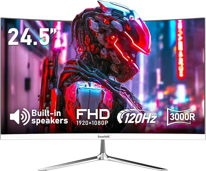 Gawfolk 24.5 Inch Gaming Curved Monitor Built-in Speakers, 3000R 120Hz White PC Screen Full HD 1080P, HDMI 2.0, VGA, Wall Mount Compatible 75 * 75mm