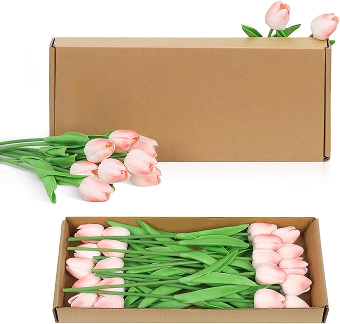 20 Pcs Tulips Artificial Flowers 13" Pink Faux Flowers Real Touch PU Fake Tulips Bouquet for Floral Arrangement Home Kitchen Table Wedding Decorations