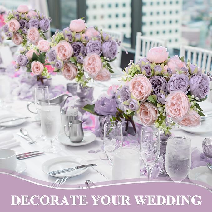 16 Bundles Artificial Peonies Silk Peonies Faux Flower Bouquet Fake Peony Flower Arrangements Table Centerpieces for Vase Wedding Party Boho Home Office Decoration Bulk (Pink, Purple)