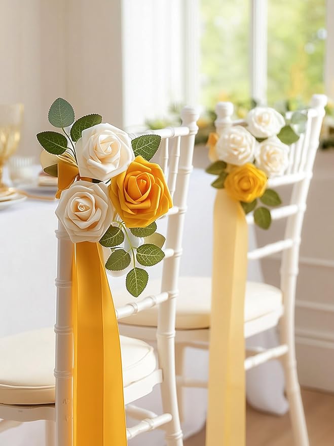 InnoGear Artificial Flowers, 50 Pcs Yellow Foam Fake Roses Bulk with Stems for Autumn Fall Decoration DIY Wedding Bouquets Centerpieces Bridal Shower Party Christmas Tree