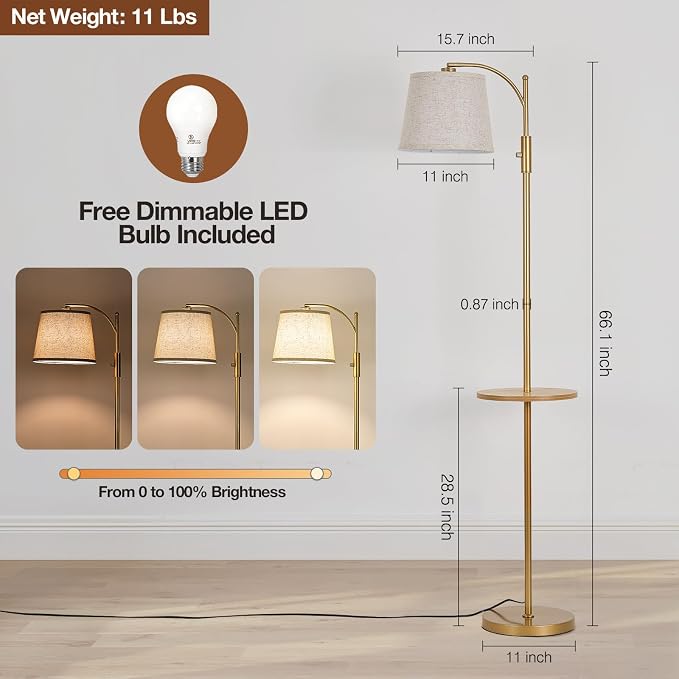 AIDENOEY Fully Dimmable Floor Lamp for Living Room，Standing Lamp Rotary Switch with Table&Linen Beige Shade，Golden Tall Lamps for Bedroom with Adjust Head，9W LED Bulb Included