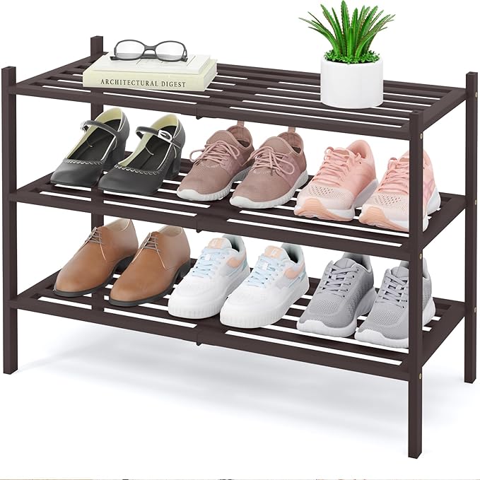 Smiry Bamboo Shoe Rack 3-Tier, Stackable Wooden Shoe Organizer for Entryway & Closet, Free Standing Wood Shoe Storage Shelf for Front Door & Small Spaces, Brown
