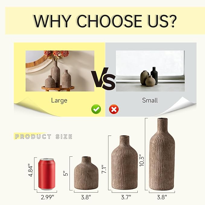 Ceramic Vase Home Table Decor - Brown Flower Vase Set of 3 Living Room Kitchen Decorations Farmhouse Modern Rustic Vases Decorative Centerpiece for Shelf Bedroom Office Bathroom Dining Coffee Desk
