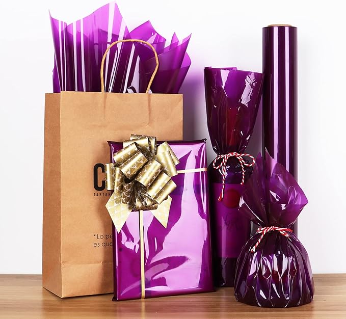 Cellophane Wrap Roll-Purple Gift Wrapping Paper Roll 34 In Wide X 100 Ft Long, 3 Mil Thick Plastic Cello Translucent Wrapping Paper for Baskets, Hampers, Flower Bouquets, Treats, DIY Arts Crafts Décor