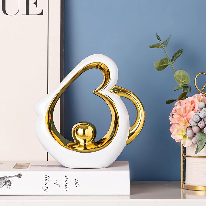 Gold Sculpture Coffee Table Decor, Dining Room Table Centerpieces, Ceramic Statue Abstract Sculptures Home Decorations, Modern Art Heart Shape Mantle Decor for Living Room