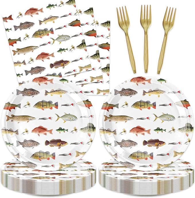 48Pcs GO Fishing Birthday Party Decorations Desserts Plates Napkins forks for 20 Guests Fishing Party Supplies for Kids