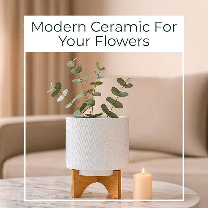 Modern Ceramic Planters with Wood Stand for Home Decor Elegant Flower Pots for Entryway, Garden, and Patio - Decorative Raised Container for Indoor and Outdoor Plants - 10", White & Tan