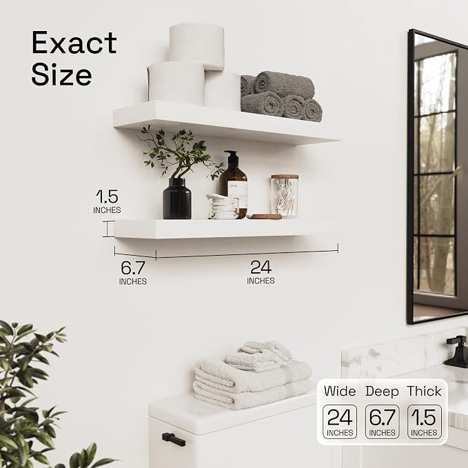 BAOBAB WORKSHOP Wood Floating Shelves for Bathroom Wall - White Shelves for Bedroom Kitchen Living Room - Solid Wood Shelves - White - 24 x 6.7 Inch, Set of 2