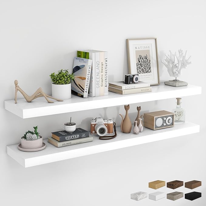 RICHFOCUS 55Inch Floating Shelves for Wall 2 Pack Shelves for Bedroom|Kitchen|Bathroom Wall Mounted Rustic Wood Floating Shelf with Invisible Brackets for Books|Storage|Decor, White