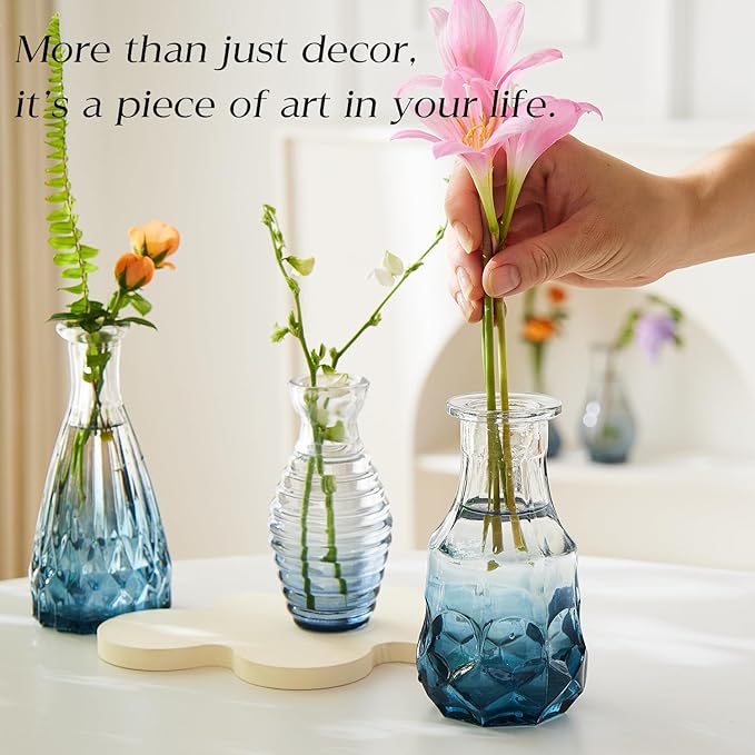 Glass Bud Vase Set of 60 - Small Vases for Flowers in Bulk - Assorted Vintage Crystal Vases for Flowers, Table Centerpieces (Blue, 60 Pcs)