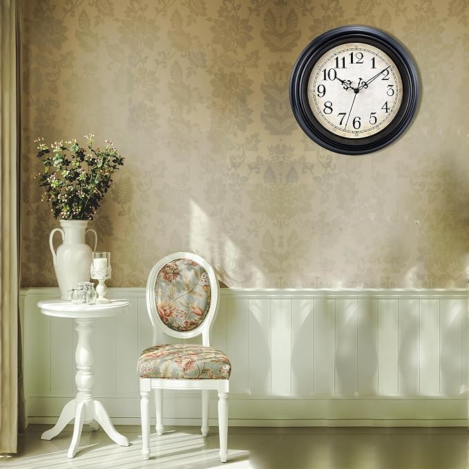 Plumeet Retro Wall Clock, 12'' Non Ticking Classic Silent Vintage Wall Clocks Decorative Kitchen Living Room Bedroom - Battery Operated, Black