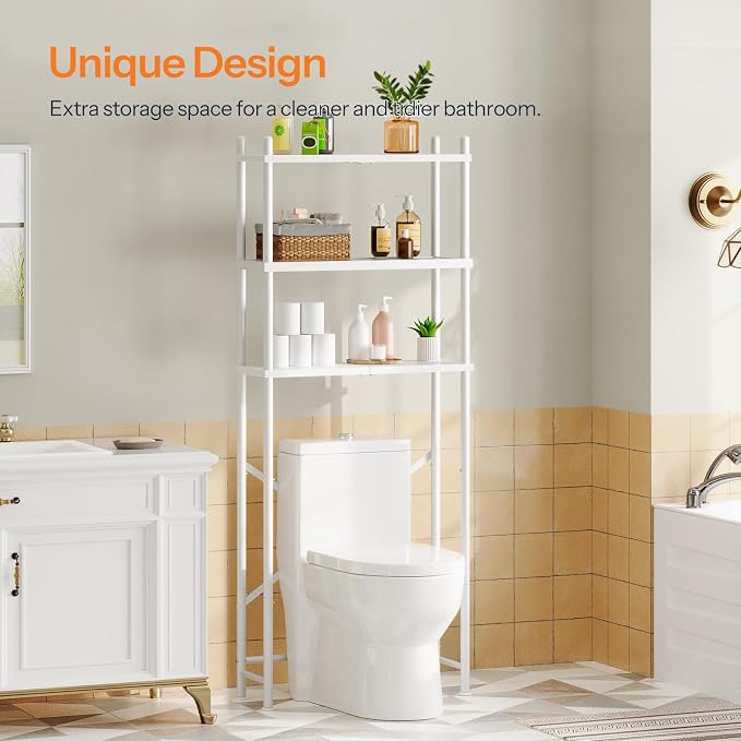 HOOBRO Over the Toilet Storage, 3-Tier Over Toilet Bathroom Organizer, Freestanding Above Toilet Shelf with Adjustable Feet, Space Saving, Easy Assembly, White WW63TS01