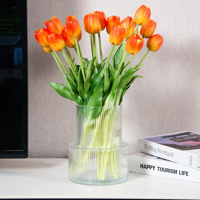 20 Artificial Tulips in Fluted Glass Vase, Waterproof Faux Flowers Bouquet for Wedding Home Office Decor, Table Centerpiece, Housewarming Birthday Gift Set (Orange)