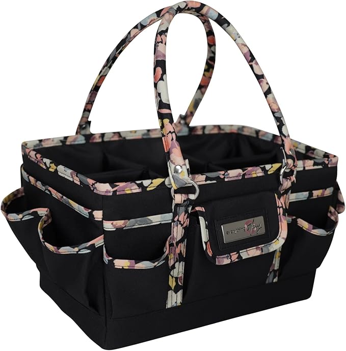 Everything Mary Deluxe Store & Tote Organizer – Black with Floral Trim Craft Caddy – Collapsible Storage Bag for Scrapbooking, Sewing, Art Supplies & DIY Craft Tools