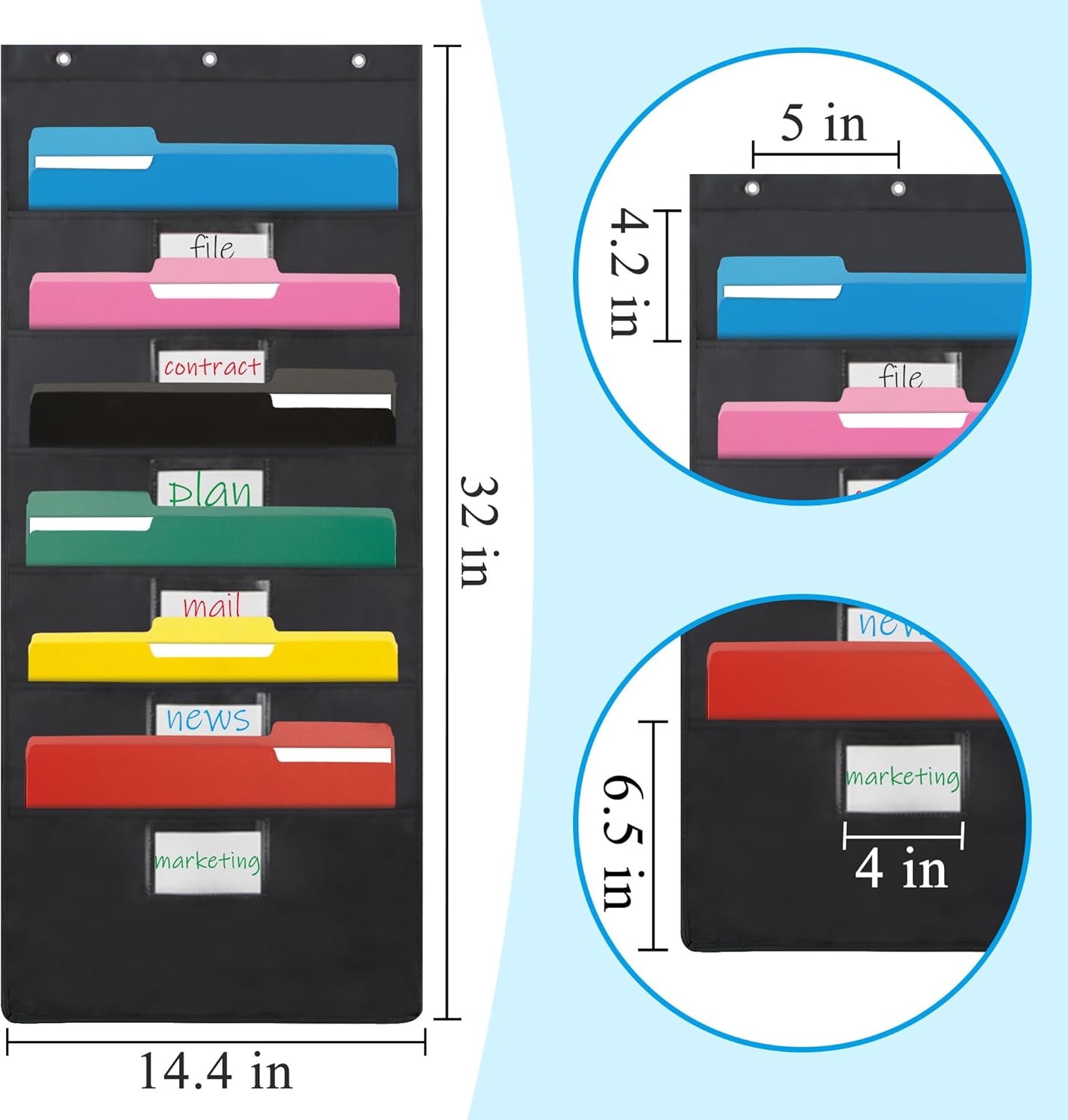 VZCPYTPM Wall File Organizer - Black 6-Pocket Hanging Design for Classroom, Office, Home