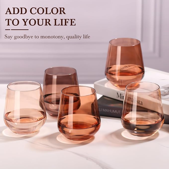 Venus Stemless Wine Glass Set of 6-17oz Wine Glasses, Stemless Drinking Glasses for Wine, Cocktails & Beverages - Elegant Glassware for Home, Bar & Holiday Use
