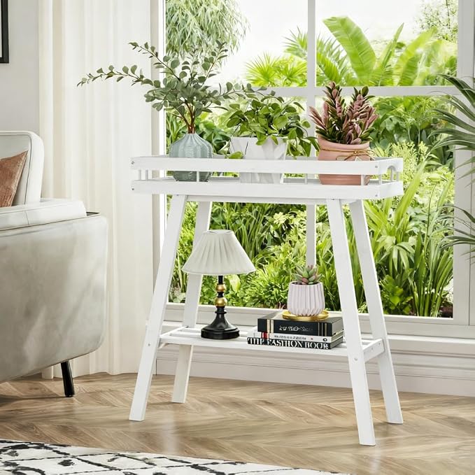 BAMBANG Bamboo Plant Stand Indoor, 2 Tier Small Plant Table, Tall Plant Stand for Indoor Plants, Window Sill Plant Shelf, Flower Pot Holder Plant Bench Plant Rack for Living Room, White